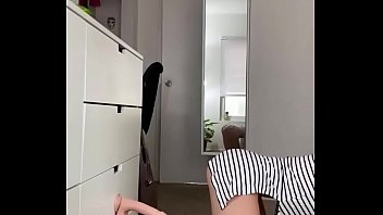 Girl gets a suction dildo attached to ikea wardrobe
