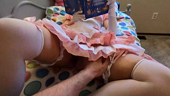 Cosplay Stepdaughter reads a story in her Sunday best dress and rubs her clit