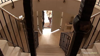 Two smoking hot girls got horny while checking out the new house so they decided to drool on two hard dicks before getting their shaved cunts pounded hard in various poses.