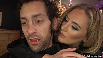 Blonde dom in sexy lingerie Mona Wales puts male slave in strait jacket and then makes him lick her before fucks his ass